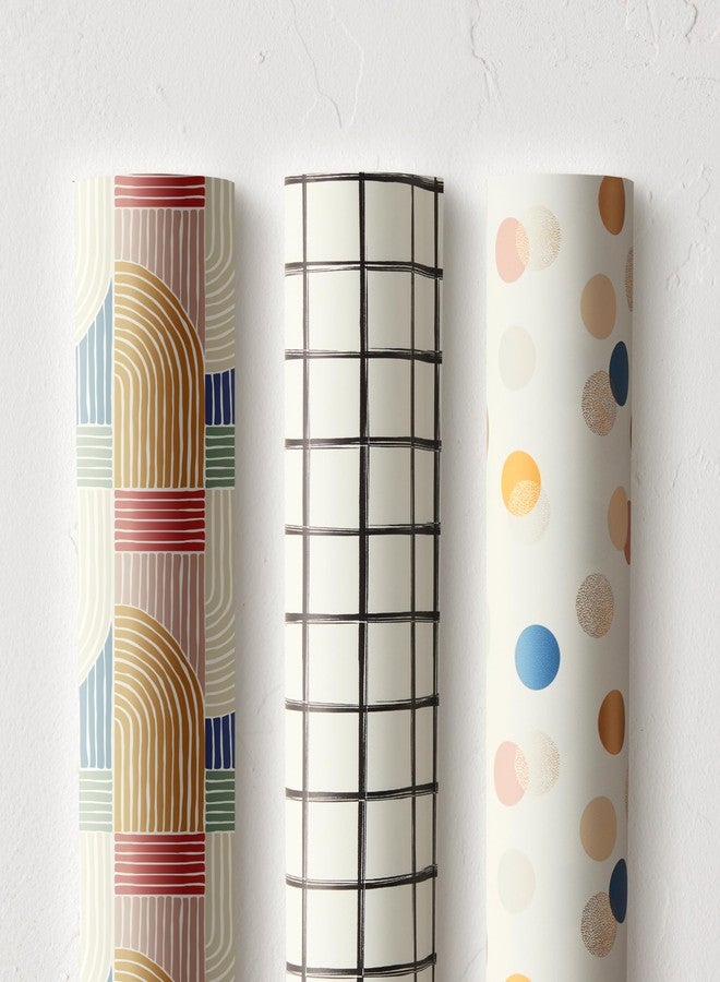 Minted Gift Wrap Everyday Pack with Rainbow, Grid & Festive Dots Designs, Set of 3 Rolls, Water Resistant Wrapping Paper, Gift Wrap for Birthday, Wedding, Baby Shower, Thank You & Special Occasions - Image 1